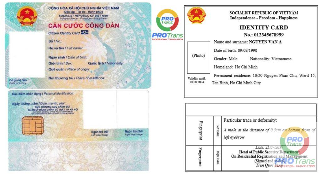 Mẫu dịch thuật Căn cước cho khách hàng tại Quận 9