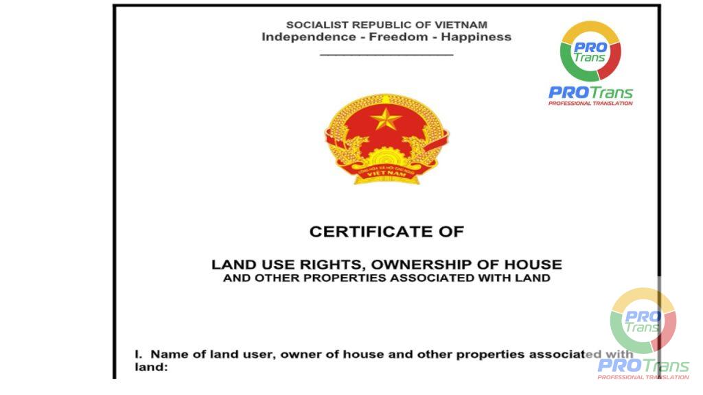 Mẫu dịch thuật công chứng Sổ đỏ cho khách hàng tại Quận 9