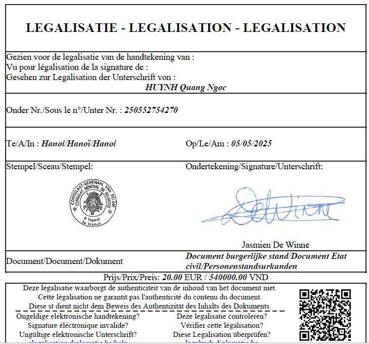 Mẫu tem hợp pháp hóa lãnh sự của Đại sứ quán Bỉ tại Hà Nội