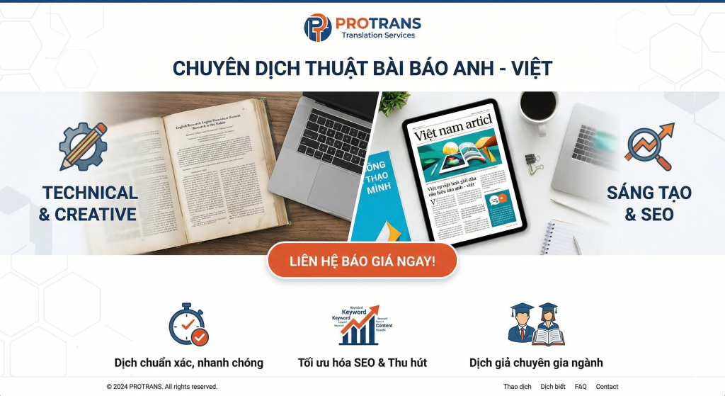Dịch thuật bài báo tiếng Anh – Việt với phong cách viết sáng tạo, chuẩn SEO và thu hút.