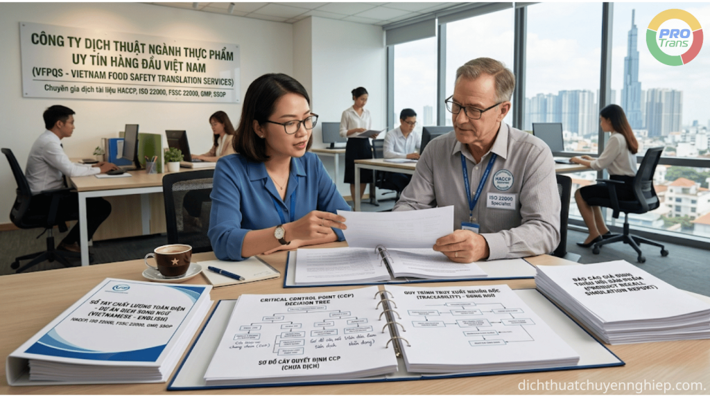 Đội ngũ chuyên gia PROTRANS thực hiện dịch thuật tài liệu QA/QC, HACCP, ISO 22000 trong lĩnh vực công nghệ thực phẩm với độ chính xác cao và chuẩn thuật ngữ quốc tế.