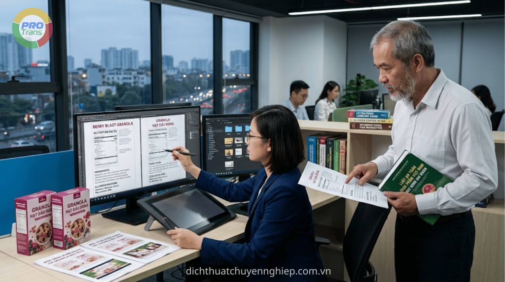 Đội ngũ PROTRANS kiểm tra, dịch và hiệu chỉnh nội dung bao bì – nhãn mác thực phẩm (Nutrition Facts, Allergens), đảm bảo tuân thủ quy định ghi nhãn và phù hợp tiêu chuẩn của từng thị trường xuất khẩu.