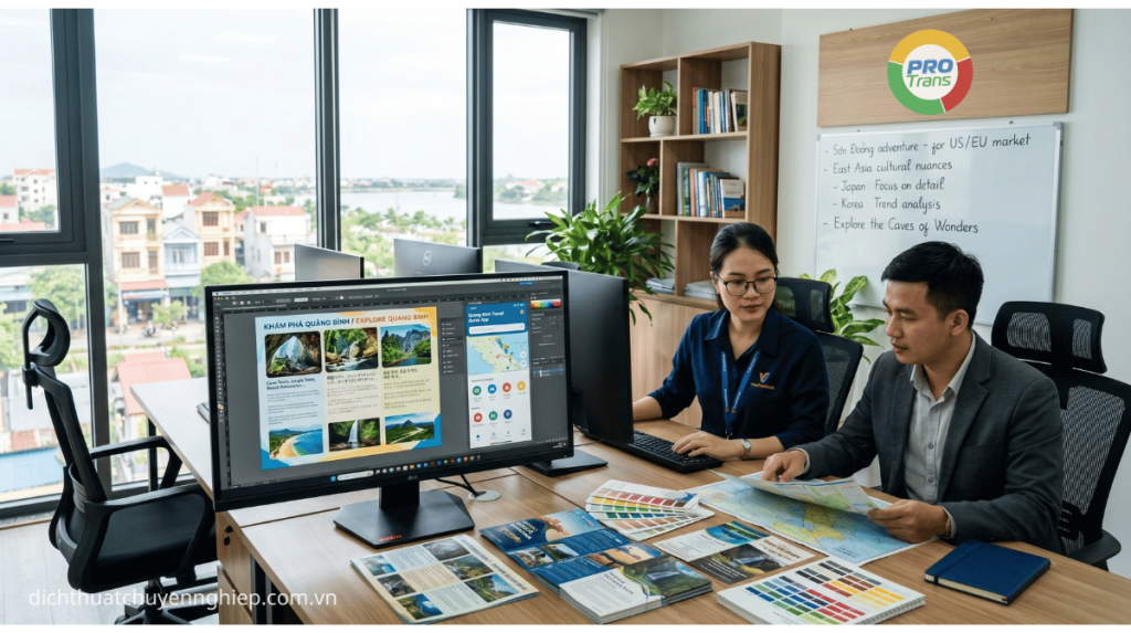 Hình ảnh chuyên gia biên tập brochure du lịch, tờ rơi và bản đồ khu vực trong văn phòng thực tế, nội dung đa ngôn ngữ được tối ưu nhằm thu hút và truyền cảm hứng cho khách du lịch quốc tế.