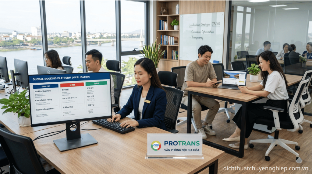 Hình ảnh nhân viên Việt Nam đang nội địa hóa website đặt phòng khách sạn, giao diện booking đa ngôn ngữ hiển thị rõ ràng chính sách, thanh toán và đặt phòng, giúp tăng tỷ lệ chuyển đổi từ khách quốc tế.
