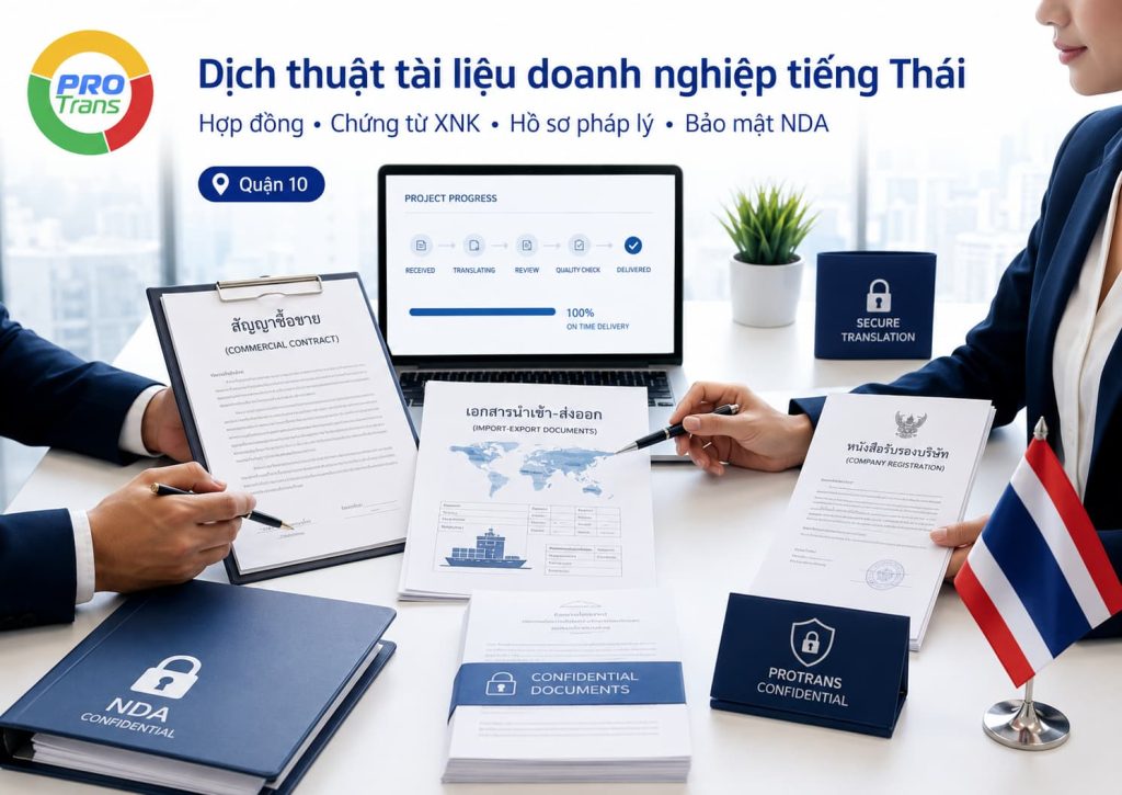 PROTRANS xử lý hợp đồng, chứng từ xuất nhập khẩu và hồ sơ pháp lý tiếng Thái cho doanh nghiệp tại Quận 10 theo quy trình bảo mật NDA.