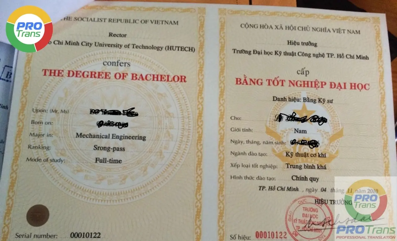 Dịch thuật Bằng Đại học - Cao đẳng tại Quận 8 - PROTRANS