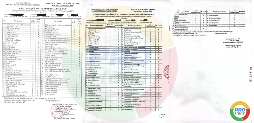 Bộ hồ sơ dịch thuật bảng điểm đại học chính quy và các bằng cấp liên quan đã được Pro-Trans hoàn thiện chuẩn xác.