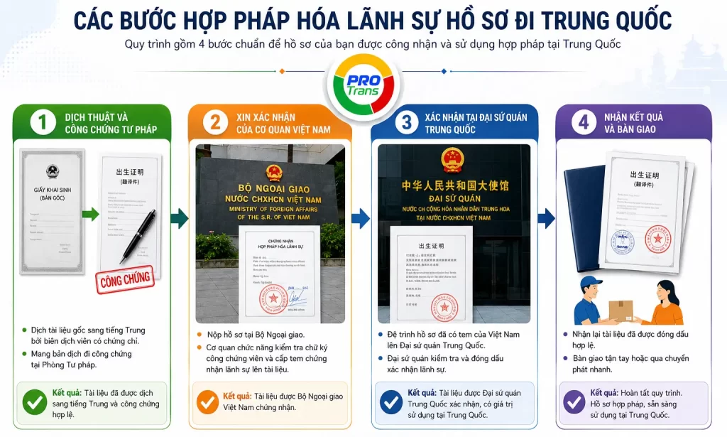 Ảnh chụp cận cảnh mặt sau của một tài liệu có chứa tem chứng nhận của Cục Lãnh sự (Bộ Ngoại giao) và con dấu của Đại sứ quán cấp. Hoặc một sơ đồ (Flowchart) 4 bước quy trình.