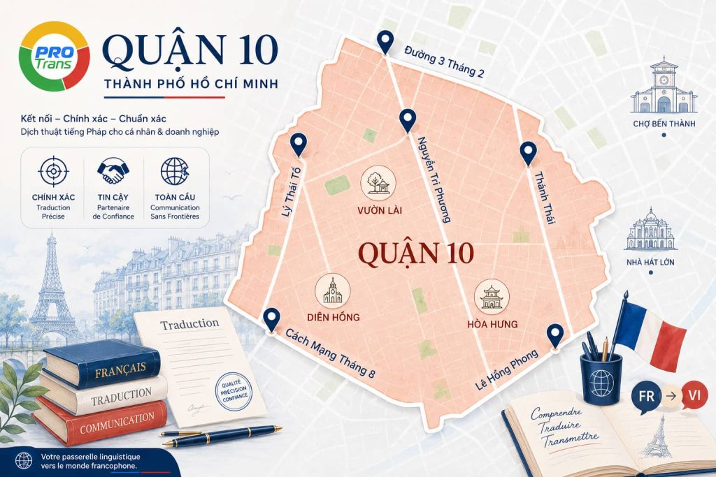 Các cụm phường và tuyến đường trọng điểm tại Quận 10 thường phát sinh nhu cầu dịch hồ sơ tiếng Pháp cá nhân và doanh nghiệp.