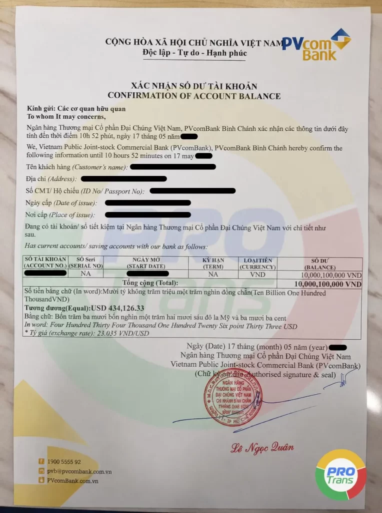 Mẫu bản scan giấy xác nhận số dư tài khoản rõ nét dùng để dịch thuật