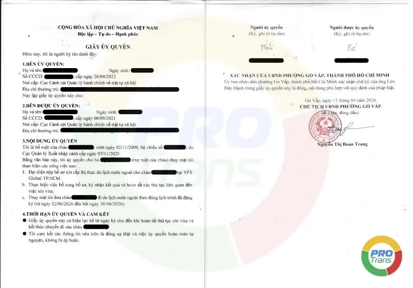 Bản scan Giấy ủy quyền có mộc đỏ chứng thực hợp lệ (đã bảo mật thông tin) để tiến hành dịch công chứng giấy ủy quyền.