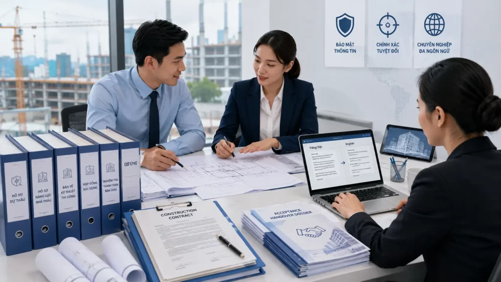 Chuyên gia thảo luận dịch thuật hồ sơ dự thầu và bản vẽ kỹ thuật thi công