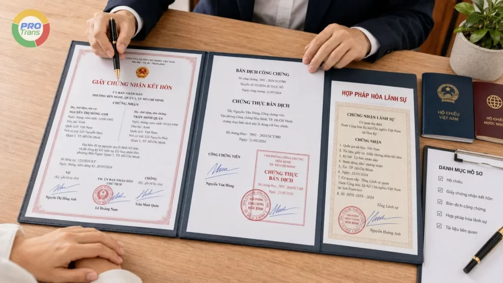 Ảnh minh họa trọn bộ tài liệu gồm bản gốc, bản dịch lấy dấu tư pháp và tem chứng nhận lãnh sự chuẩn bị nộp Đại sứ quán.