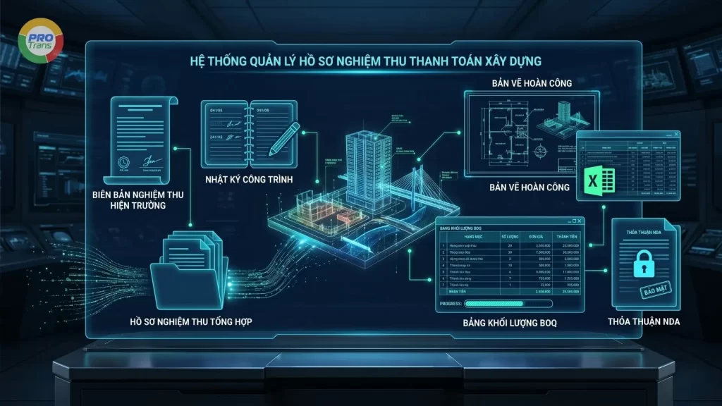 Hình ảnh holographic minh họa bảng BOQ, bản vẽ hoàn công và tài liệu nghiệm thu