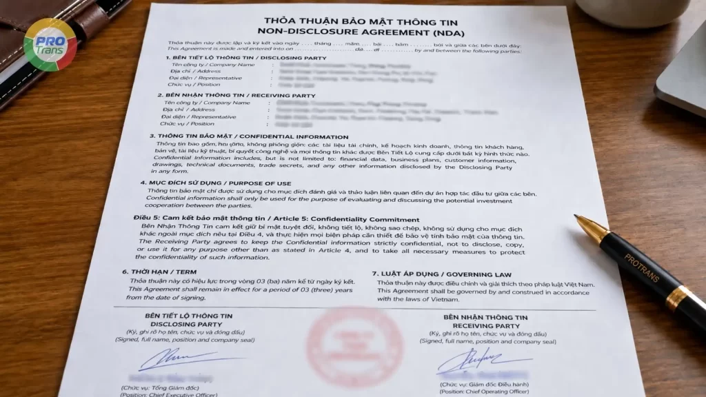 Văn bản Thỏa thuận bảo mật thông tin (NDA) song ngữ Việt - Anh được đặt trang trọng trên bàn làm việc cùng bút ký, sẵn sàng cho quy trình tiếp nhận dự án.