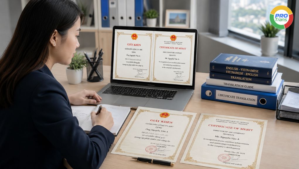 Nhân viên kiểm tra bản scan Giấy Khen và bản dịch tiếng Anh để xác định ngôn ngữ đích, yêu cầu công chứng và thời hạn xử lý hồ sơ tại Quận 10.