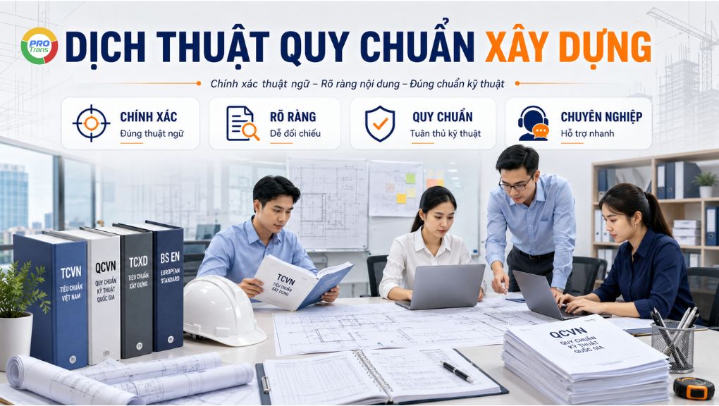 Dịch thuật quy chuẩn xây dựng và dịch thuật technical regulation với thời gian rõ ràng; tài liệu thông thường xử lý theo kế hoạch, hồ sơ gấp được ưu tiên rút ngắn tiến độ.