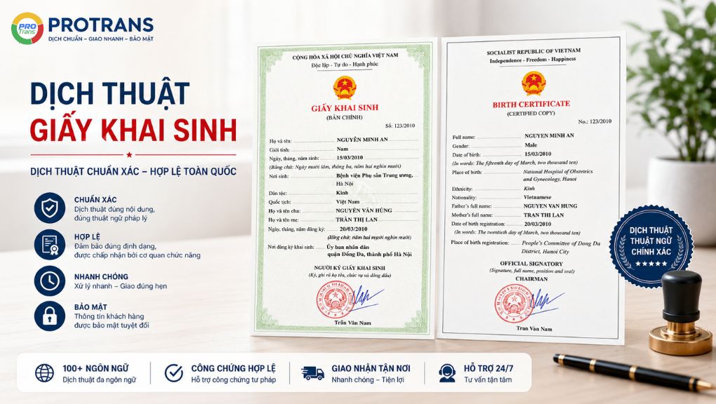 Chuẩn bị file scan rõ nét, bản gốc hoặc bản sao y Giấy khai sinh để kiểm tra thông tin, dịch thuật và thực hiện chứng thực khi cần.