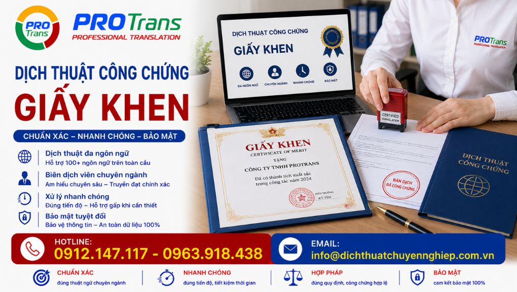 PROTRANS cam kết chính xác, nhanh chóng và bảo mật trong dịch thuật công chứng Giấy Khen